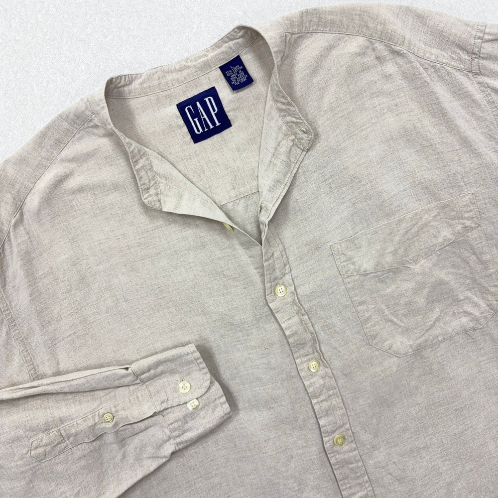 VINTAGE GAP Button Front Shirt Mens Large Beige Linen Blend Band Collar